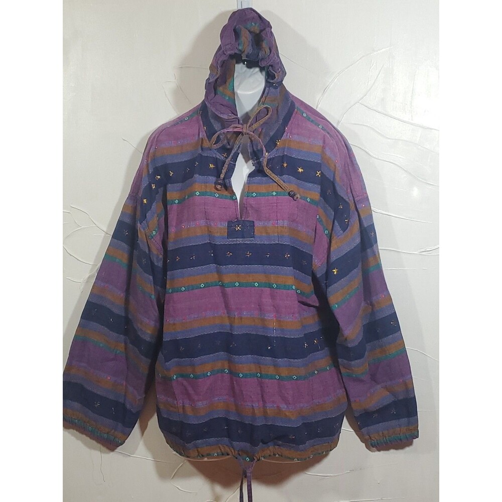 Vintage Angelique Free Size Hippie Boho Drawstring V-Neck Striped Pullover Top